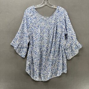 Counterparts Women's Shirt XL Blue Floral Smocked Neck 3/4 Fairy Sleeve Top